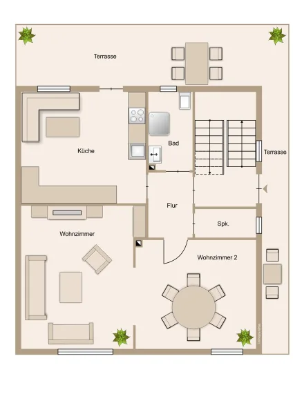 Wohnraum, Küche, Badezimmer und extra große Terrasse im Erdgeschoss