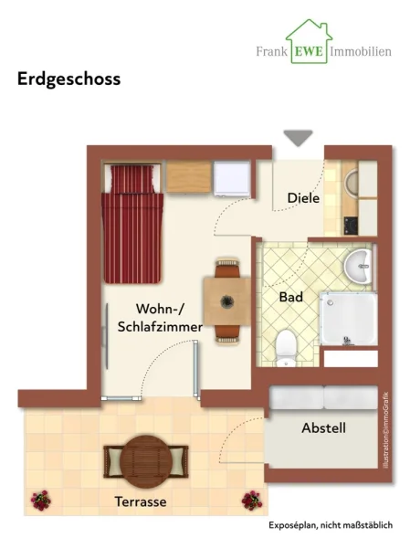 Grundriss ImmoG low, EG , 1-Zimmer-Wohnung mit Terrasse zum Kauf in Düsselodrf Hassels, Frank Ewe Immobilienmakler Düsseldorf Hassels (1)