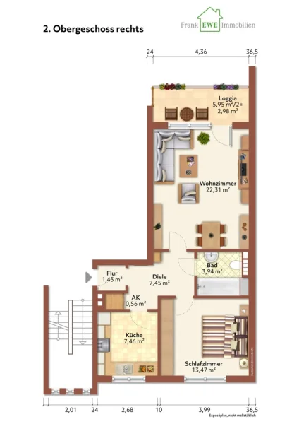 Grundriss 2. OG, immoG low, 2-Zimmer-Wohnung mit Balkon zum Kauf in Düsseldorf Hassels, Frank Ewe Immobilienmakler Düsseldorf Hassels