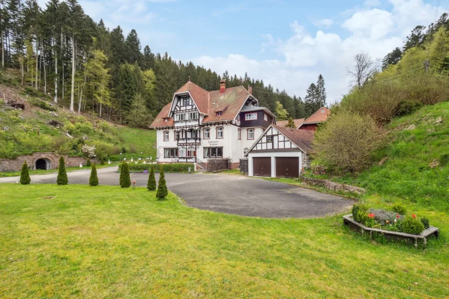 Vorderansicht+Parken - Haus kaufen in Bonndorf im Schwarzwald - Ehemals Wohnhaus, jetzt B&B! Wie möchten Sie es einsetzen?