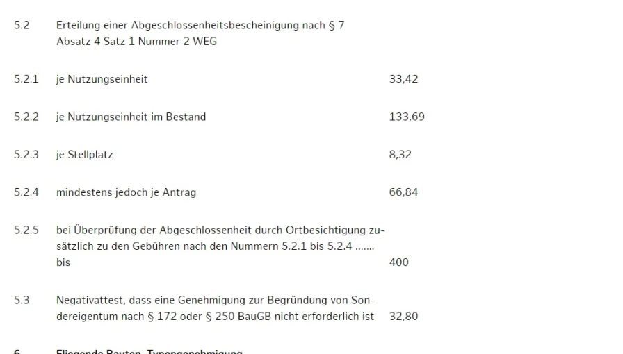 Bauamt Tabelle WEG Kosten