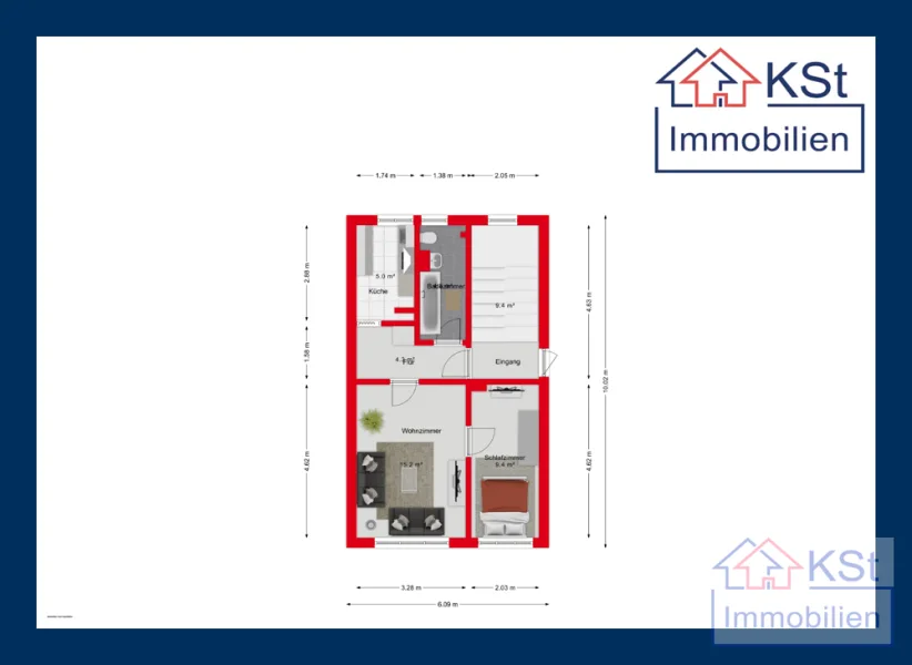 Bemaßter Grundriss Zwenkau - Wohnung kaufen in Zwenkau - Gemütliche 2-Zimmer-Wohnung in Zwenkau – Ruhige Lage fussläufig nahe Zwenkauer See, sofort verfügbar