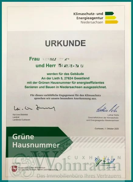 Grüne Hausnummer - Urkunde