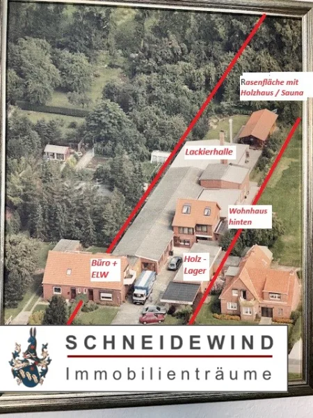 Luftbild - Haus kaufen in Nordenham - 2 Wohnhäuser+ Gewerbehalle + Büro mit Garagen+ Carport + Holzhaus + Sauna+ 2.609 m² Grdstk.