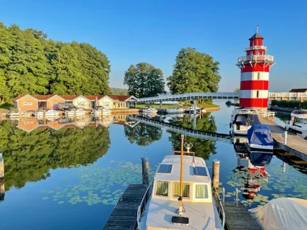 Blick von der Terrasse zum Leuchtturm  - Haus kaufen in Rheinsberg - Reizendes Inselhaus in bester Lage im Hafendorf Rheinsberg