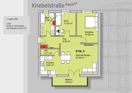  - Wohnung kaufen in Nürnberg - Sonnenwohnung 3 ZW mit Süd-Balkon - 1.OG - Knebelstraße Hoch³