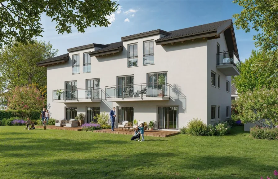 Rückansicht - Wohnung kaufen in Unterschleißheim - Erstbezug - 3-Zimmer Wohnung mit sonniger Südwest-Terrasse und Garten