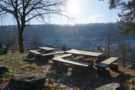 Blick über den Ort in der Nähe - Grundstück kaufen in Elmstein - Tinyhaus-Traumplatz auf der Sonnenseite und um den Ort viele Wanderwege im Pfälzerwald