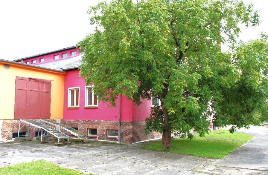 Kleine Halle mit Auffahrtrampe und Nussbaum